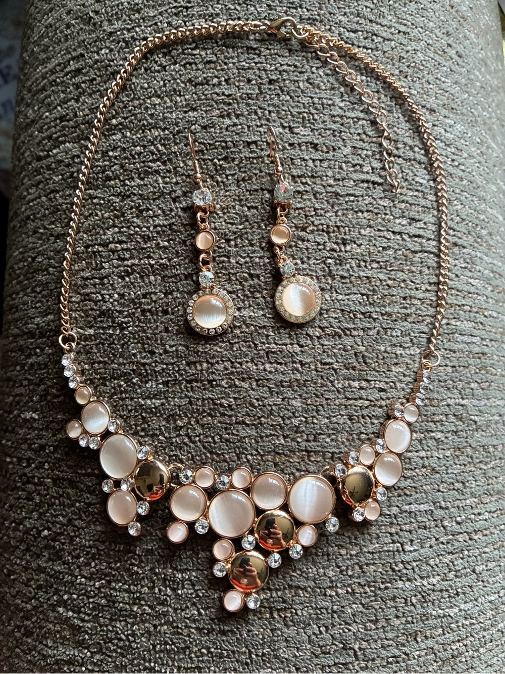 Rose Gold Statement Necklace and Earrings Set - beige moonstones with crystals